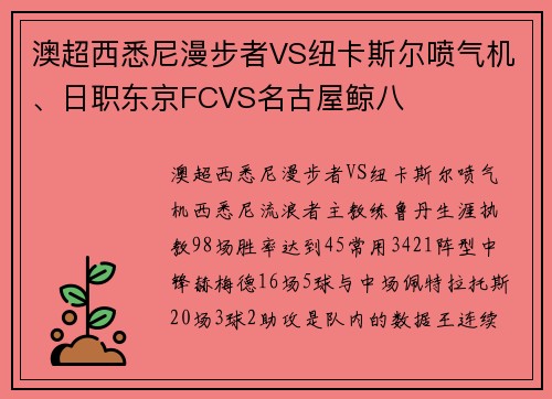 澳超西悉尼漫步者VS纽卡斯尔喷气机、日职东京FCVS名古屋鲸八